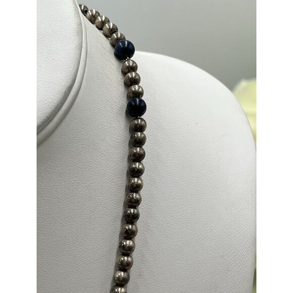 Dobbs Sterling Silver Vintage Ball and Lapis Lazuli 4-5mm Beaded Necklace 20” - Picture 5 of 12